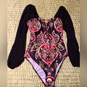 NWOT Paisley Floral Sheer Long Sleeve One-Piece Bathing Suit Swimsuit